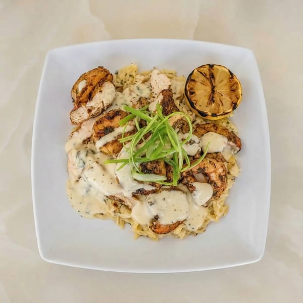 Milk & Honey's grilled shrimp and chicken over pasta, drizzled with cream sauce and garnished with scallions and a grilled lemon.