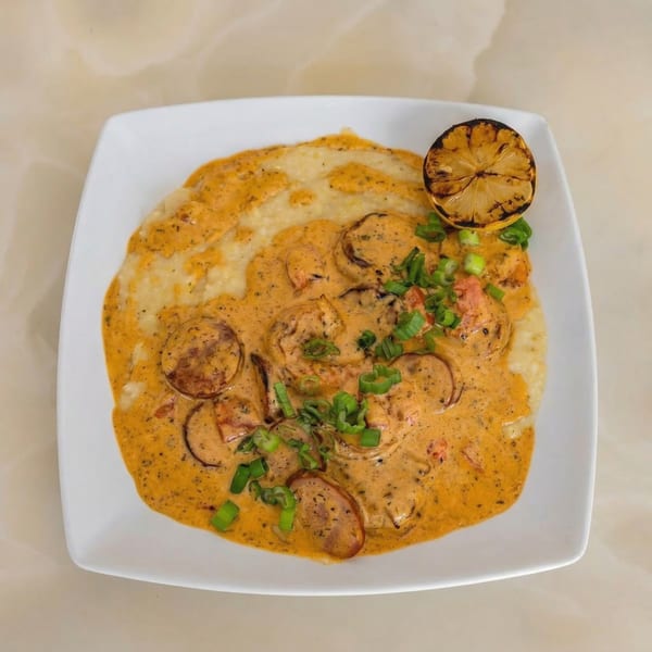 Milk & Honey's shrimp and grits with sausage, topped with green onions and a grilled lemon.