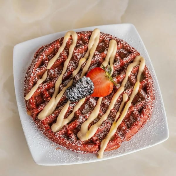 Red velvet waffle with cream cheese glaze, powdered sugar, a strawberry, and a blackberry.