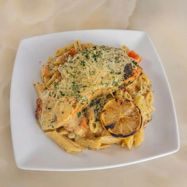 Creamy penne pasta with grilled salmon, topped with cheese, herbs, and a charred lemon slice.