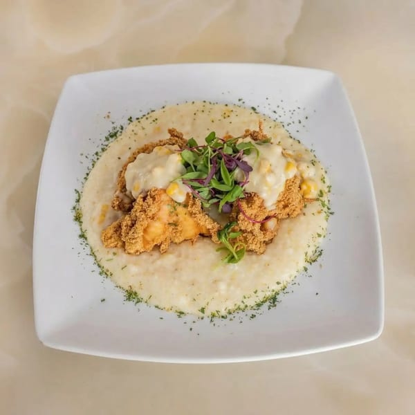 Milk & Honey's shrimp and grits, topped with creamy sauce, corn, and microgreens on a white plate.