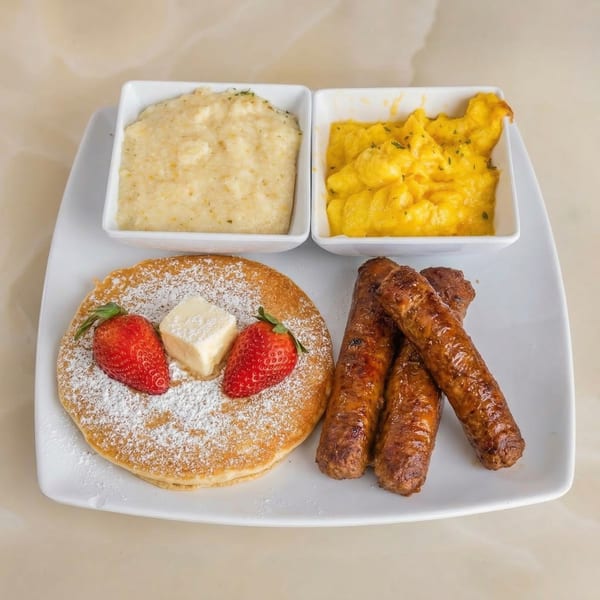 Milk & Honey's brunch plate with pancakes, strawberries, butter, sausage links, grits, and scrambled eggs.
