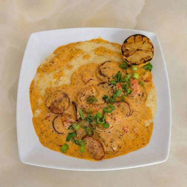 Milk & Honey's shrimp and grits with sausage, topped with green onions and a grilled lemon.