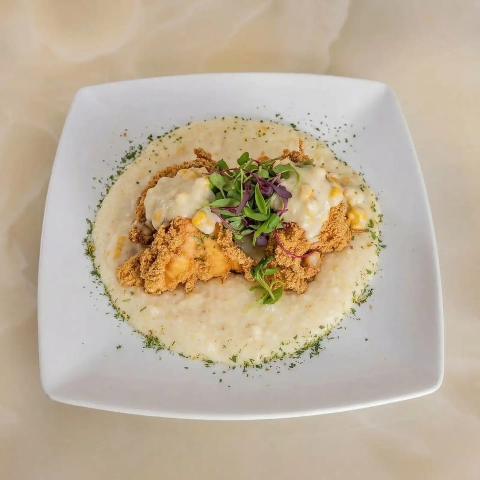Milk & Honey's shrimp and grits, topped with creamy sauce, corn, and microgreens on a white plate.