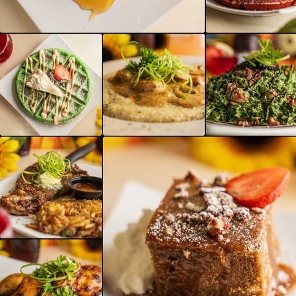 A collage of Milk & Honey brunch dishes, including green waffles, shrimp and grits, salad, steak, and cake.