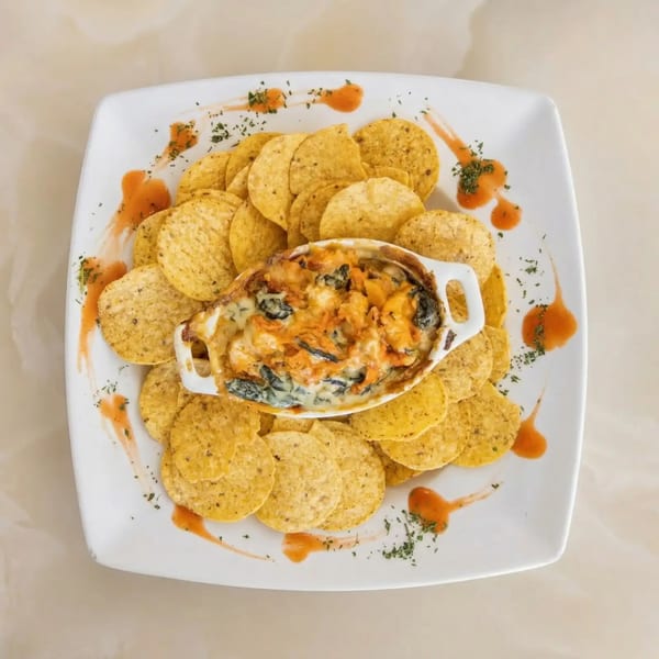 Spinach dip with melted cheese and tortilla chips, garnished with sauce and herbs.