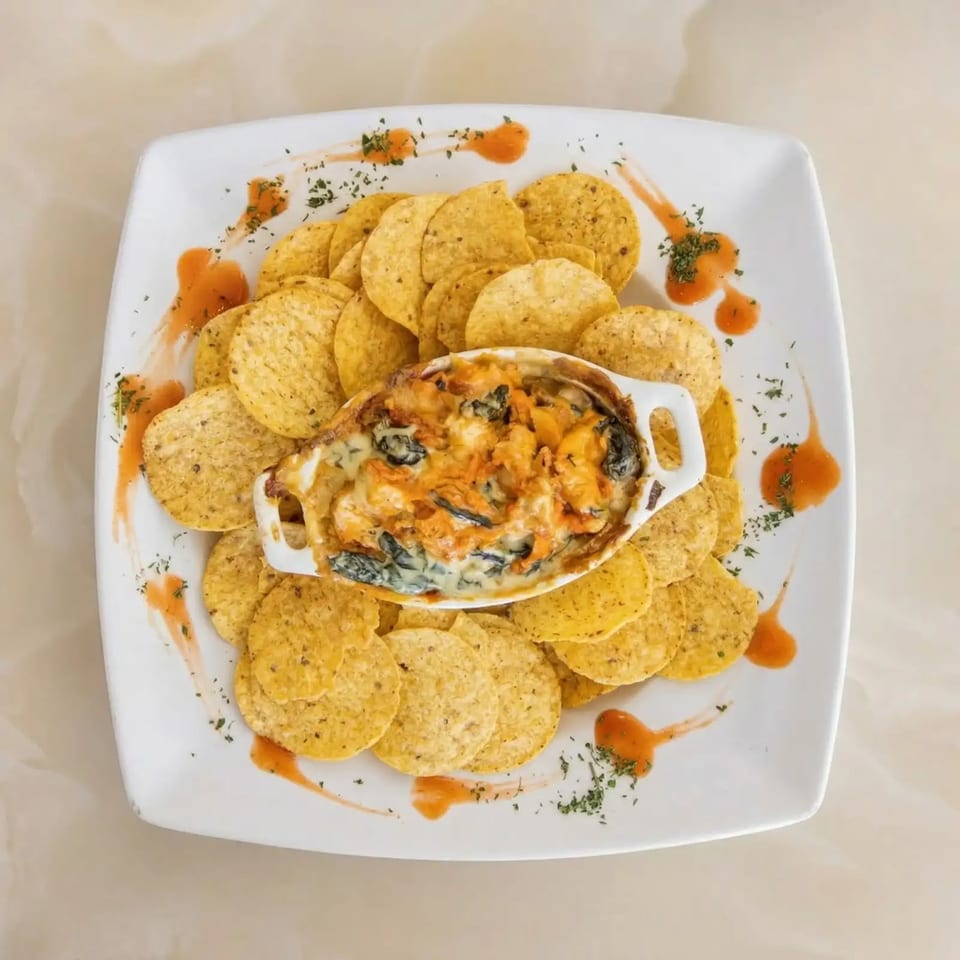 Spinach dip with melted cheese and tortilla chips, garnished with sauce and herbs.
