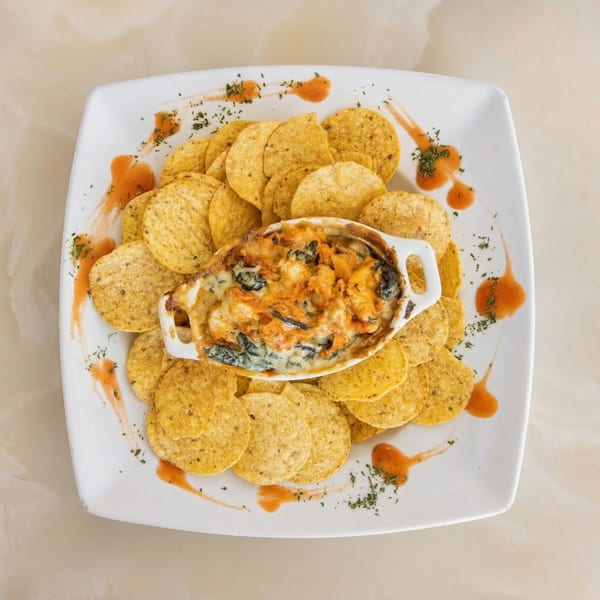 A white rectangular plate holds a baked dip in a small white dish surrounded by tortilla chips.