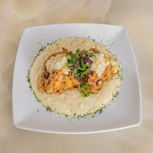 Milk & Honey's shrimp and grits, topped with creamy sauce and microgreens, on a white square plate.