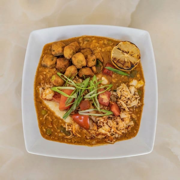 Milk & Honey's shrimp and grits with fried okra, tomatoes, and a grilled lemon.