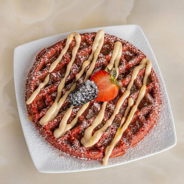Red velvet waffle with cream cheese glaze, powdered sugar, strawberry, and blackberry on a white plate.