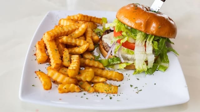 Classic American Burger with Fries.